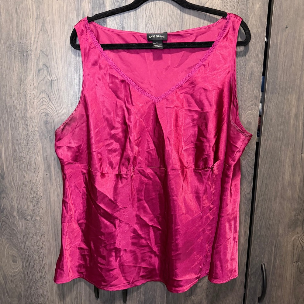Lane Bryant Women's Pink Satin V Neck Lace Trim Sleeveless Top Plus‎ Size 24